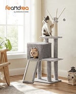 FEANDREA PCT143W01 kedi ağacı, tırmalama tahtalı, 3 çıkarılabilir ponpon çubuğu, 118 cm, açık gri