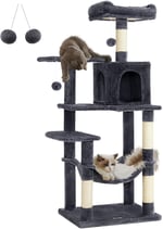 Feandrea PCT161W01 tırmalama ağacı, 143 cm yüksekliğinde, kedi ağacı, çok katlı kedi evi, 4 tırmalama sütunu, 2 platform, hamak, mağara, açık gri