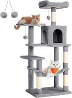 Feandrea PCT161W01 tırmalama ağacı, 143 cm yüksekliğinde, kedi ağacı, çok katlı kedi evi, 4 tırmalama sütunu, 2 platform, hamak, mağara, açık gri