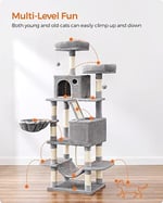 Feandrea tırmalama ağacı, büyük, 168 cm yüksekliğinde, L kedi ağacı, 13 tırmalama sütunu, 2 platform, 2 mağara, sepet, hamak, peluş toplar, çok katlı kedi tırmalama ağacı, açık gri PCT165W01