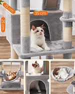 Feandrea tırmalama ağacı, büyük, 168 cm yüksekliğinde, L kedi ağacı, 13 tırmalama sütunu, 2 platform, 2 mağara, sepet, hamak, peluş toplar, çok katlı kedi tırmalama ağacı, açık gri PCT165W01