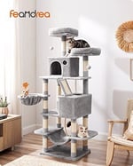 Feandrea tırmalama ağacı, büyük, 168 cm yüksekliğinde, L kedi ağacı, 13 tırmalama sütunu, 2 platform, 2 mağara, sepet, hamak, peluş toplar, çok katlı kedi tırmalama ağacı, açık gri PCT165W01