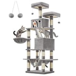 Feandrea tırmalama ağacı, büyük, 168 cm yüksekliğinde, L kedi ağacı, 13 tırmalama sütunu, 2 platform, 2 mağara, sepet, hamak, peluş toplar, çok katlı kedi tırmalama ağacı, açık gri PCT165W01