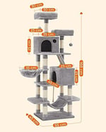 Feandrea tırmalama ağacı, büyük, 168 cm yüksekliğinde, L kedi ağacı, 13 tırmalama sütunu, 2 platform, 2 mağara, sepet, hamak, peluş toplar, çok katlı kedi tırmalama ağacı, açık gri PCT165W01