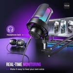 FIFINE AmpliGame A8T USB oyun mikrofonu, PC kondenser mikrofon, Boom kollu | Hızlı Sessiz, Kazanç Düğmesi, RGB Kontrolü, Kulaklık Jakı, PC/PS5 Akış Discord Twitch Kayıt Podcast'leri YouTube, Metal