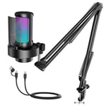 FIFINE AmpliGame A8T USB oyun mikrofonu, PC kondenser mikrofon, Boom kollu | Hızlı Sessiz, Kazanç Düğmesi, RGB Kontrolü, Kulaklık Jakı, PC/PS5 Akış Discord Twitch Kayıt Podcast'leri YouTube, Metal