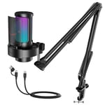 FIFINE AmpliGame A8T USB oyun mikrofonu, PC kondenser mikrofon, Boom kollu | Hızlı Sessiz, Kazanç Düğmesi, RGB Kontrolü, Kulaklık Jakı, PC/PS5 Akış Discord Twitch Kayıt Podcast'leri YouTube, Metal