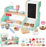 Fisher-Price 3 yaş ve üzeri çocuklar için 20 ahşap parçadan oluşan Ahşap Kahve Dükkanı oyun seti ve oyuncak kasa, HXV22