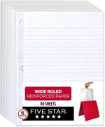 Five Star Gevşek Yaprak Kağıt, 6'lı Paket, 3 Delikli Delgeç Defter Kağıdı, Güçlendirilmiş Geniş Çizgili Dolgu Kağıdı, Mürekkep Kanamasıyla Mücadele, 8