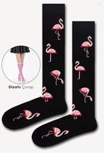Flamingo Desenli Siyah Dizaltı Çorap Siyah 36-44