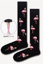 Flamingo Desenli Siyah Dizaltı Çorap Siyah 36-44