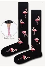 Flamingo Desenli Siyah Dizaltı Çorap Siyah 36-44