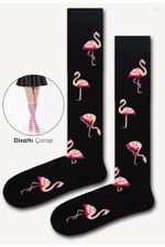 Flamingo Desenli Siyah Dizaltı Çorap Siyah 36-44