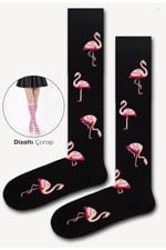 Flamingo Desenli Siyah Dizaltı Çorap Siyah 36-44