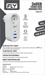 Fly Racing FLY 3400 Termal Akım Korumalı, Çocuk Korumalı, 2 x USB Type-C, 1 X USB Type-C, Tekli Priz, Beyaz