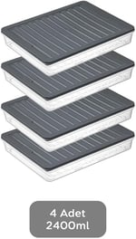 Fresh Box Saklama Kabı, 4'lü Set, 2400 ml, BPA İçermeyen, Dondurucuya ve Mikrodalga Fırına Uygun (Gri)