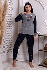 Fwn 3005 Peluş Welsoft Polar Kışlık Kar Desenli Kadın Pijama Takımı