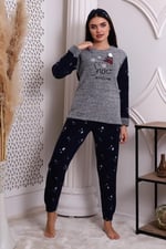 Fwn 3005 Peluş Welsoft Polar Kışlık Kar Desenli Kadın Pijama Takımı
