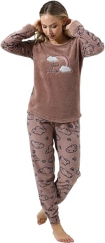 Fwn 5010 Peluş Welsoft Polar Kışlık Yumoş Kadın Pijama Takımı Vizon