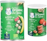 Gerber Organik Pirinçli, Buğdaylı, Muzlu ve Ahududulu Bebek Atıştırmalığı 35 g x 5 ve Gerber Organik Buğday ve Yulaflı Domates, Havuç ve Soğanlı Bebek Atıştırmalığı 35 g