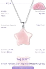 Gerçek Pembe Kuvars Doğal Taşı Yıldız Model Zincirli Kolye Ucu Pembe