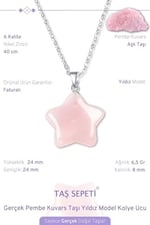Gerçek Pembe Kuvars Doğal Taşı Yıldız Model Zincirli Kolye Ucu Pembe