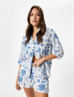 Gömlek Yaka Pijama Üstü Çiçekli Uzun Kollu Düğmeli Viskon