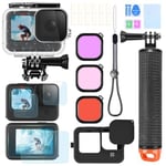 Gopro Hero 12 11 10 9 için aksesuar kiti su geçirmez konut kılıfı sualtı şamandıra kolu silikon kol Lens kapağı temperli cam ekran koruyucuları dalış filtreleri buğu önleyici ekler paket