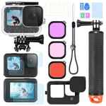 Gopro Hero 12 11 10 9 için aksesuar kiti su geçirmez konut kılıfı sualtı şamandıra kolu silikon kol Lens kapağı temperli cam ekran koruyucuları dalış filtreleri buğu önleyici ekler paket