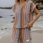 Green Black Stripe Soft Kadın Havlu Şortlu Takım %100 Pamuk Renkli Standart
