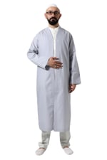 Gri Erkek Namaz Elbisesi V Yaka Düğmesiz Önü Açık Namaz Cübbesi