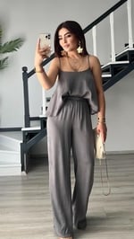 Gri Premium Tnsel Kumaş Bluz-Pantolon Takım