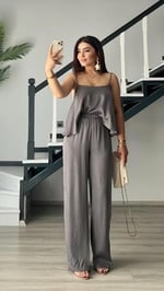 Gri Premium Tnsel Kumaş Bluz-Pantolon Takım