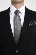 Gri Şal Motif Desen Kravat Mendil Set