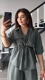 Gri Yıkamalı Tnsel Kumaş Gömlek-Pantolon Takım
