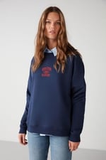 Grimelange Adrıelle Relaxed Fit Nakış Baskılı Örme Bisiklet Yaka Lacivert Sweatshirt