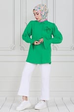 Gül Broşlu Kolu Fırfırlı Tunik-Benetton Yeşili