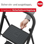 Hailo K44 StandardLine katlanır basamak – 2 kademeli çelik merdiven, büyük basamaklar ve kaymaz paspaslar – Çalışma yüksekliği 2,46 m'ye kadar – Ağırlık: 4,8 kg – Siyah