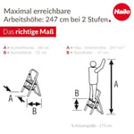 Hailo K44 StandardLine katlanır basamak – 2 kademeli çelik merdiven, büyük basamaklar ve kaymaz paspaslar – Çalışma yüksekliği 2,46 m'ye kadar – Ağırlık: 4,8 kg – Siyah