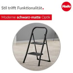 Hailo K44 StandardLine katlanır basamak – 2 kademeli çelik merdiven, büyük basamaklar ve kaymaz paspaslar – Çalışma yüksekliği 2,46 m'ye kadar – Ağırlık: 4,8 kg – Siyah