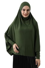 Haki Hazır Pratik Sultanbaş Tesettür Kollu Penye Sufle Eşarp Hijab Haki