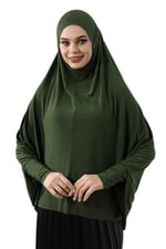 Haki Hazır Pratik Sultanbaş Tesettür Kollu Penye Sufle Eşarp Hijab Haki