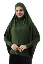 Haki Hazır Pratik Sultanbaş Tesettür Kollu Penye Sufle Eşarp Hijab Haki