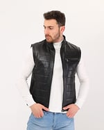 Hakiki Deri Şişme Yelek Hakim Yaka Siyah Renk