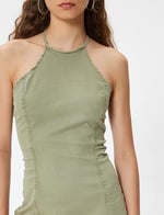 Halter Yaka Elbise Mini Kolsuz Dikiş Detaylı Slim Fit