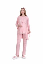 Hamile Pijama Takımı, Düğmeli Dantel Detaylı, Pamuklu, Emzirmeye Uygun, 3'lü Paket-(3430)