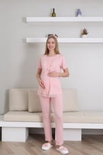 Hamile Pijama Takımı, Düğmeli Dantel Detaylı, Pamuklu, Emzirmeye Uygun, 3'lü Paket-(3430)