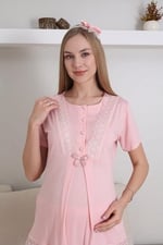 Hamile Pijama Takımı, Düğmeli Dantel Detaylı, Pamuklu, Emzirmeye Uygun, 3'lü Paket-(3430)