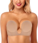 HANSCA Women's Self Adhesive Strapless Backless Bras Reusable Invisible Sticky Bra U Plunge Push Up