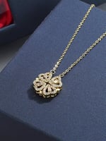 Happy Trend Dört Yapraklı Katlanabilir Çelik Zirkon Taşlı Yonca Kolye, Açılınca 4 lü Kalp olan 2'si 1 Arada Gold